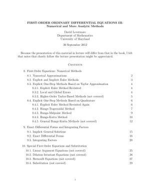 FIRST-ORDER ORDINARY DIFFERENTIAL EQUATIONS III: Numerical and More Analytic Methods