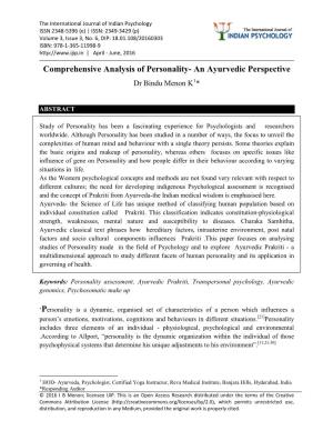 Comprehensive Analysis of Personality- an Ayurvedic Perspective Dr Bindu Menon K1*