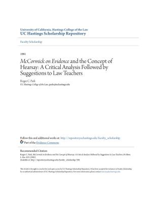 Mccormick on Evidence and the Concept of Hearsay: a Critical Analysis Followed by Suggestions to Law Teachers Roger C