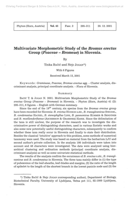 Multivariate Morphometric Study of the Bromus Erectus Group (Poaceae - Bromeae) in Slovenia