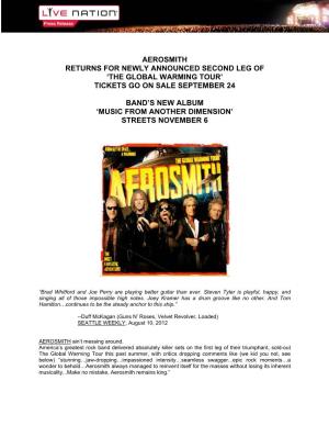 Aerosmith Returns for Newly Announced Second Leg of ‘The Global Warming Tour’ Tickets Go on Sale September 24