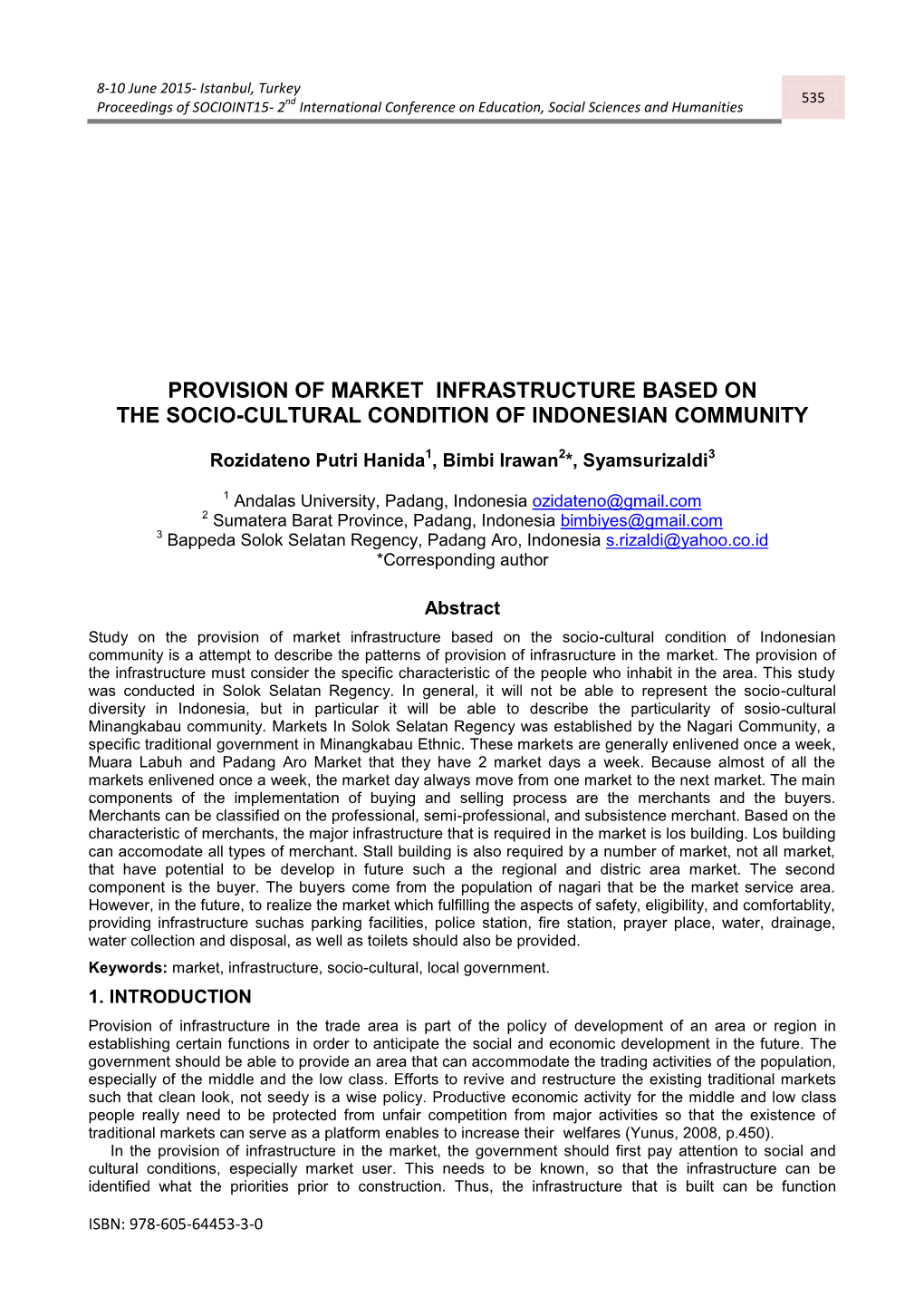 Provision of Market Infrastructure Based on the Socio-Cultural Condition of Indonesian Community