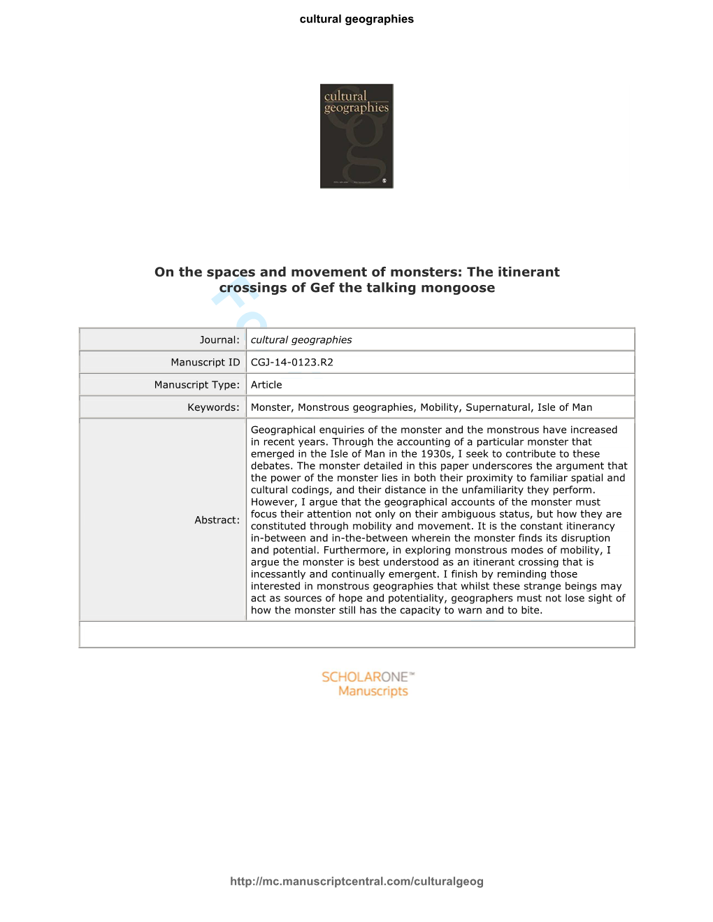 For Peer Review 19 20 Indeed, the Performative and Affective Potential of the Monster Is Something That Recent Human Geography Has 21 22 Interrogated