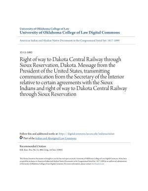 Right of Way to Dakota Central Railway Through Sioux Reservation, Dakota