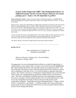 Francis Ysidro Edgeworth (1889) "The Mathematical Theory of Political Economy: Review of Léon Walras, Éléments D'économie Politique Pure", Nature, Vol