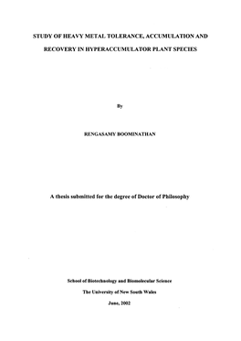 Study of Heavy Metal Tolerance, Accumulation and Recovery in Hyperaccumulator Plant Species