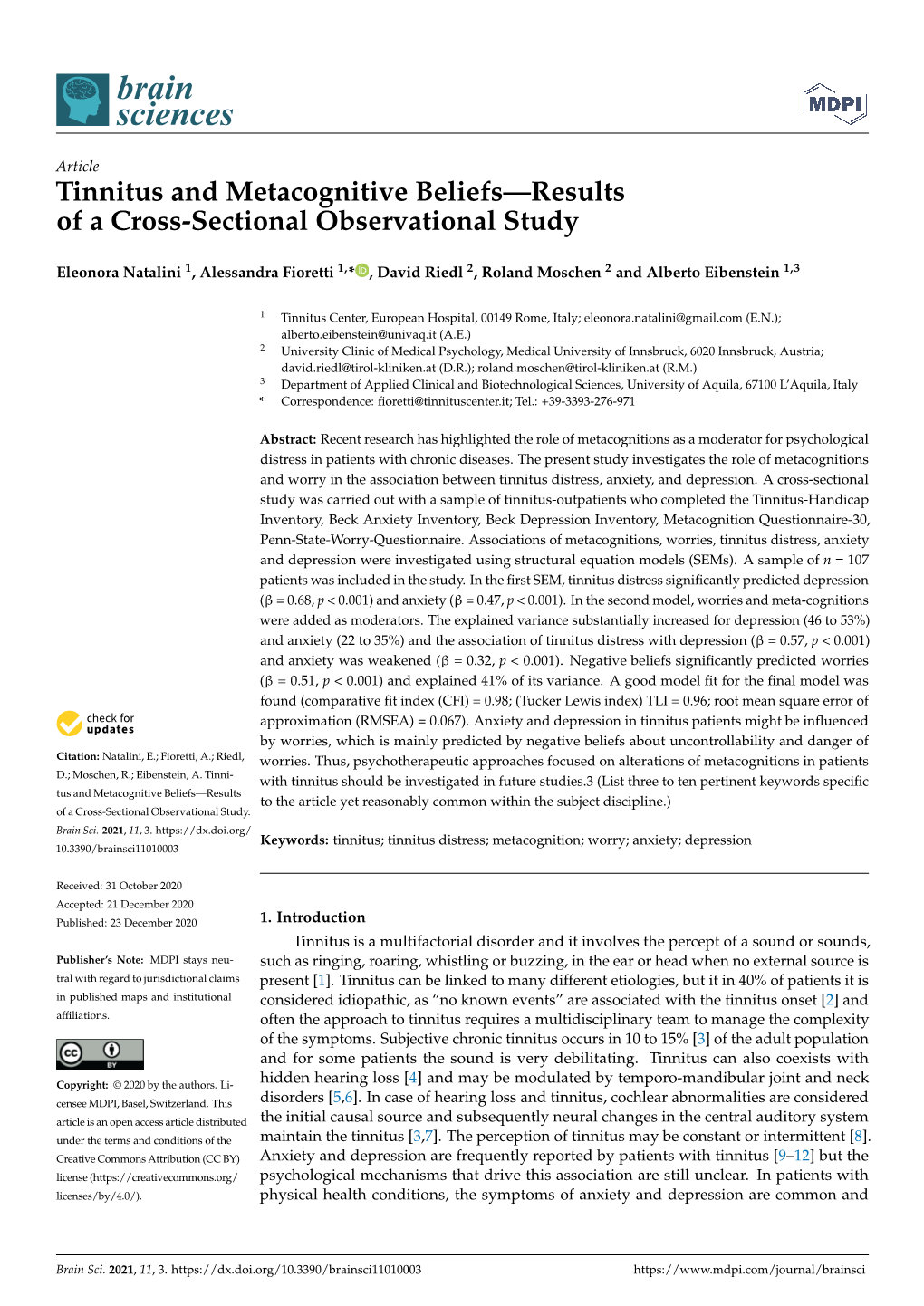 Tinnitus and Metacognitive Beliefs—Results of a Cross-Sectional Observational Study