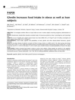 PAPER Ghrelin Increases Food Intake in Obese As Well As Lean Subjects