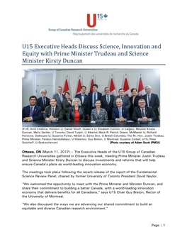 U15 Executive Heads Discuss Science, Innovation and Equity with Prime Minister Trudeau and Science Minister Kirsty Duncan