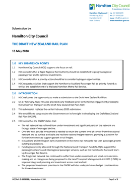 Hamilton City Council the DRAFT NEW ZEALAND RAIL PLAN