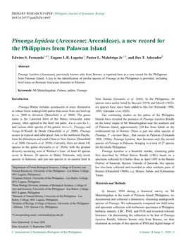 Pinanga Lepidota (Arecaceae: Arecoideae), a New Record for the Philippines from Palawan Island