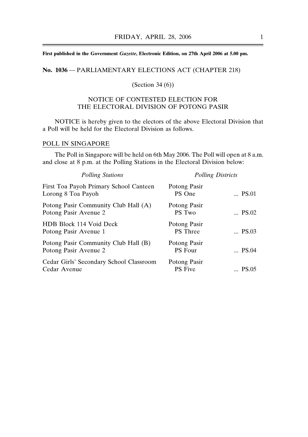 Notice of Contested Election for the Electoral Division of Potong Pasir