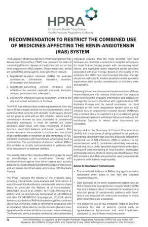 Recommendation to Restrict the Combined Use of Medicines Affecting the Renin-Angiotensin (Ras) System