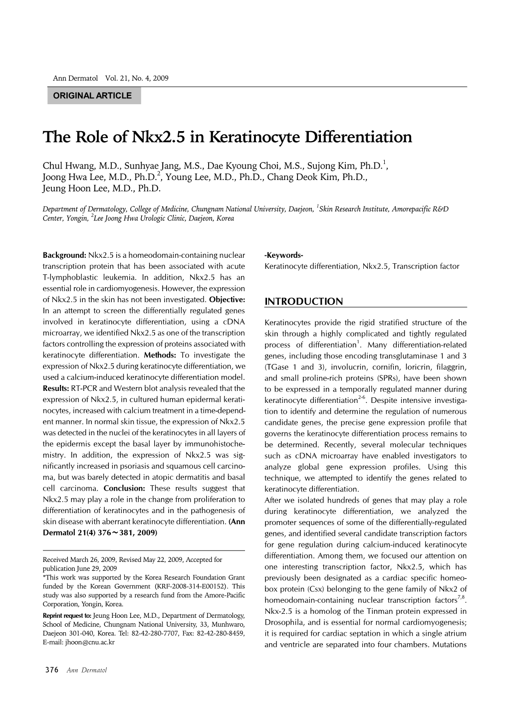 The Role of Nkx2.5 in Keratinocyte Differentiation