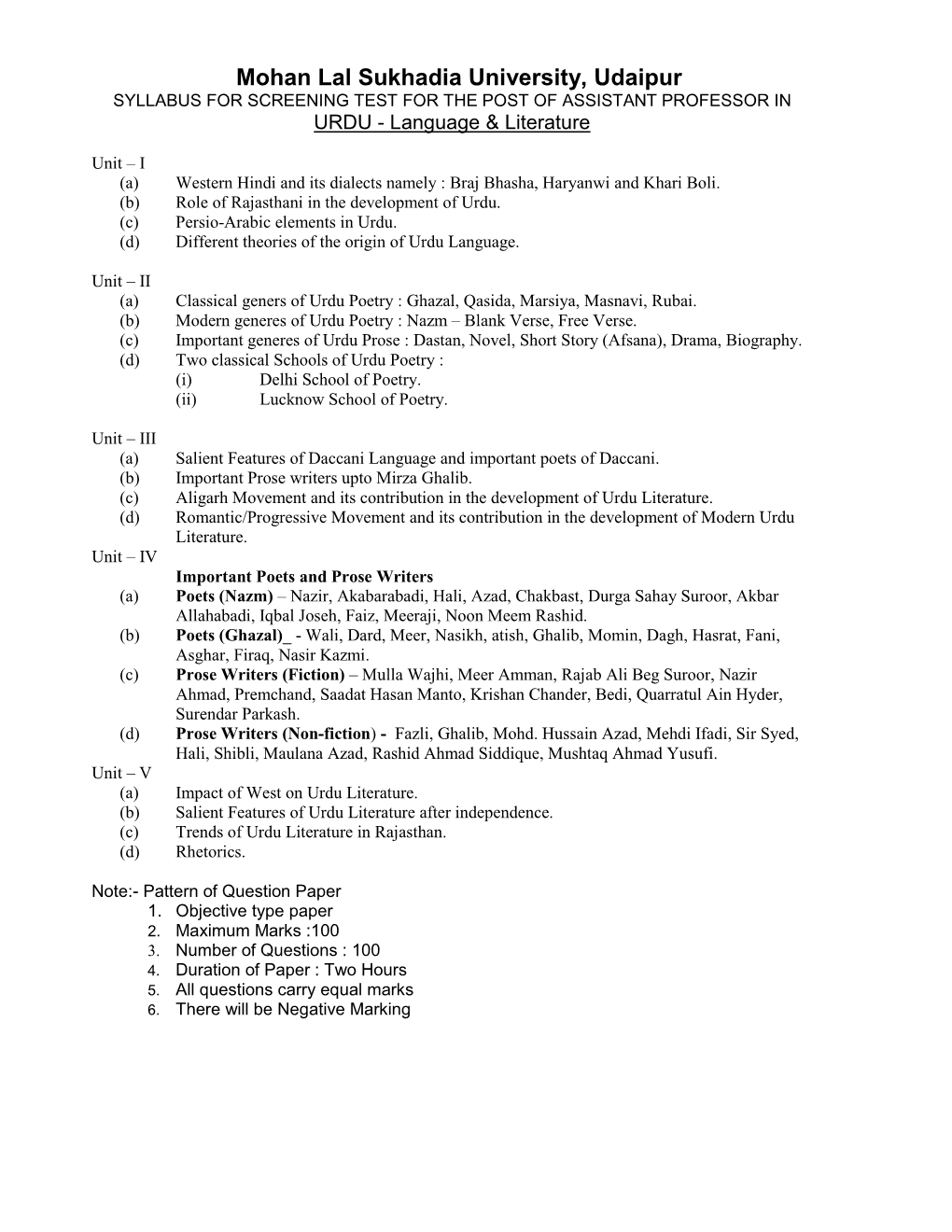 Mohan Lal Sukhadia University, Udaipur SYLLABUS for SCREENING TEST for the POST of ASSISTANT PROFESSOR in URDU - Language & Literature