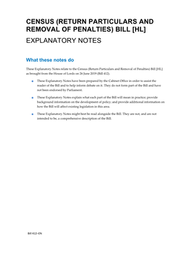 Census (Return Particulars and Removal of Penalties) Bill [Hl] Explanatory Notes
