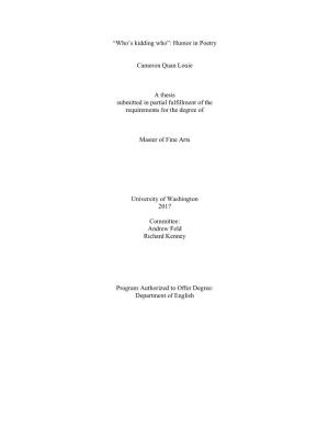 Humor in Poetry Cameron Quan Louie a Thesis Submitted in Partial