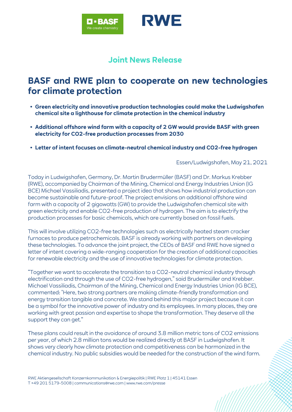 BASF and RWE Plan to Cooperate on New Technologies for Climate Protection