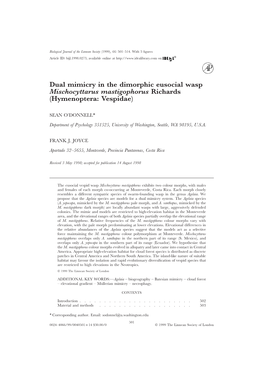 Dual Mimicry in the Dimorphic Eusocial Wasp Mischocyttarus Mastigophorus Richards (Hymenoptera: Vespidae)
