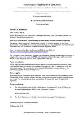 Conservation Advice and Included This Species in the Endangered Category, Effective from 04/07/2019 Conservation Advice Acacia Woodmaniorum