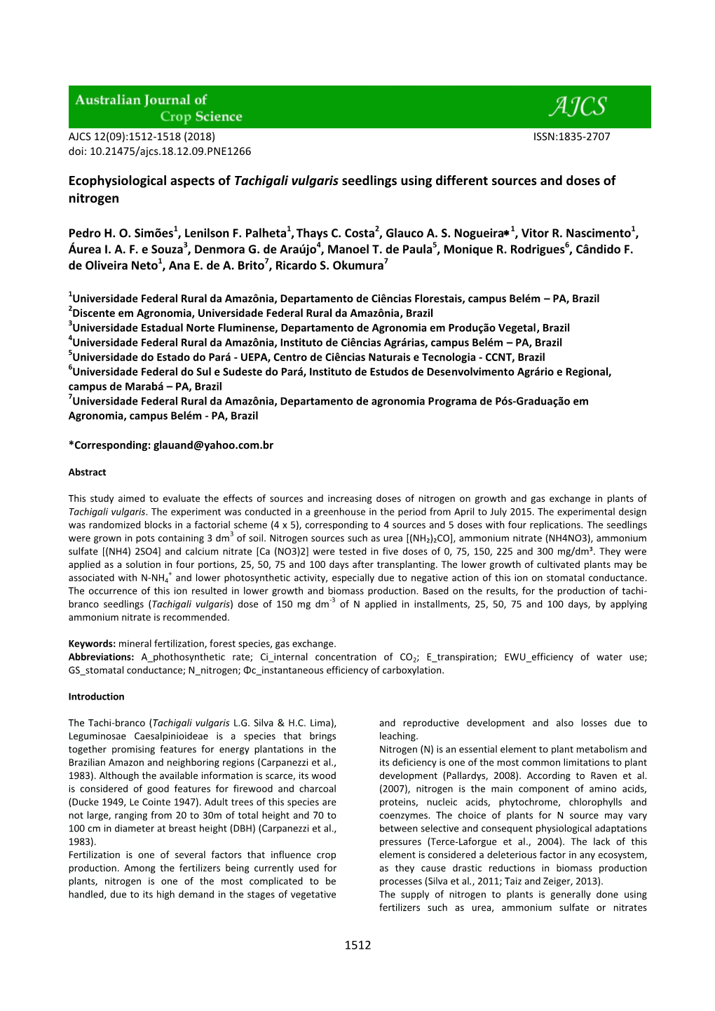 Ecophysiological Aspects of Tachigali Vulgaris Seedlings Using Different Sources and Doses of Nitrogen