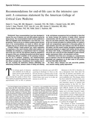 Recommendations for End-Of-Life Care in the Intensive Care Unit: a Consensus Statement by the American College of Critical Care Medicine