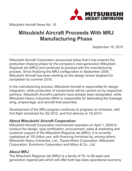 Mitsubishi Aircraft Proceeds with MRJ Manufacturing Phase
