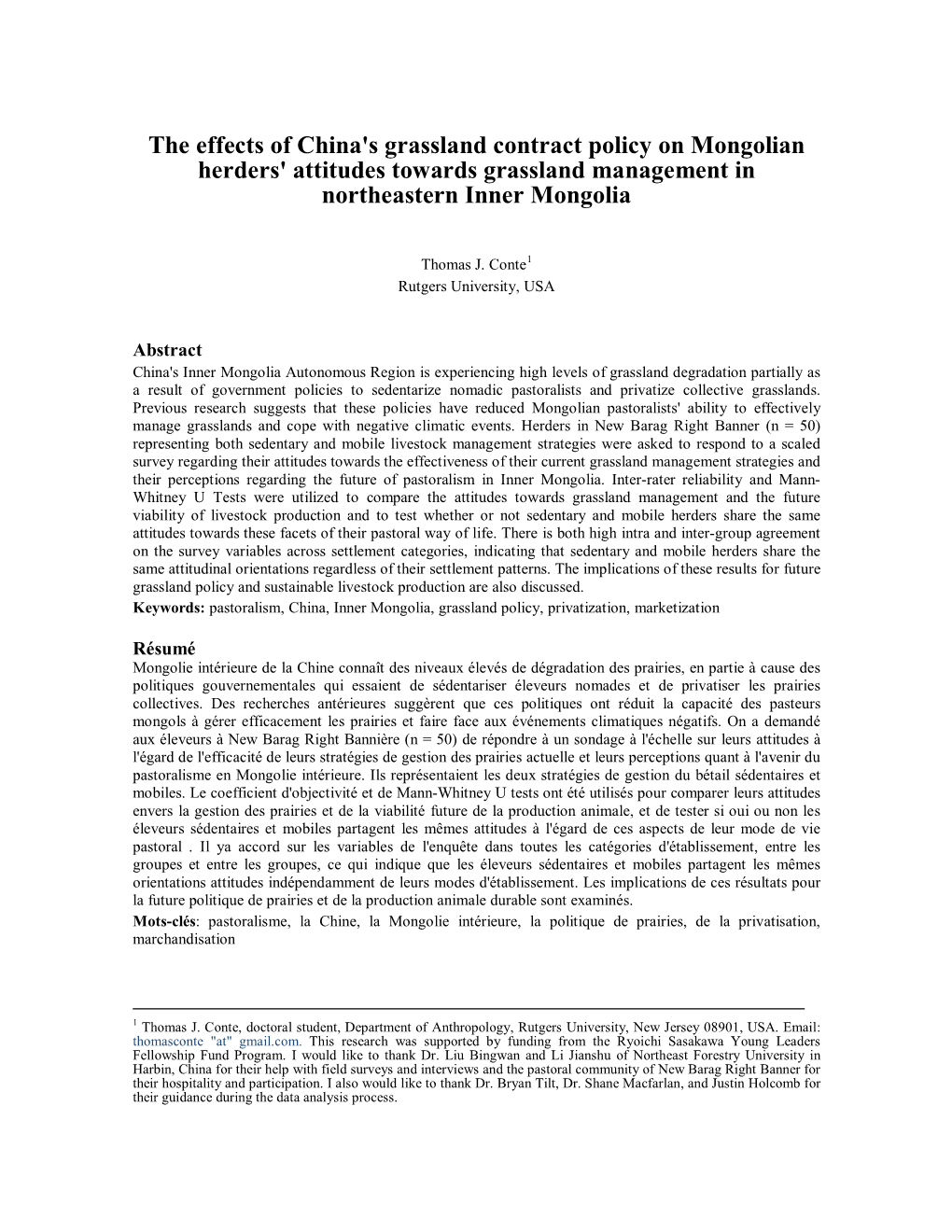 The Effects of China's Grassland Contract Policy on Mongolian Herders' Attitudes Towards Grassland Management in Northeastern Inner Mongolia