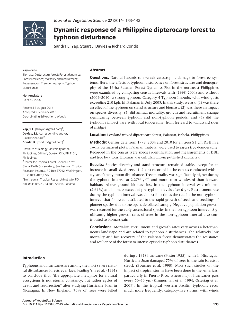 Dynamic Response of a Philippine Dipterocarp Forest to Typhoon Disturbance