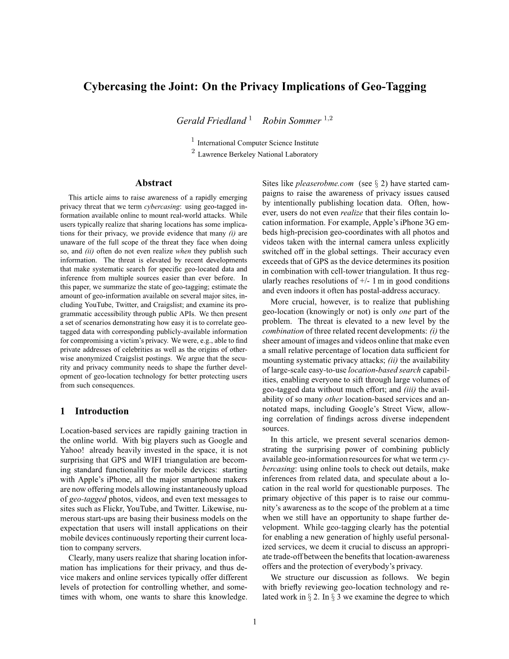 Cybercasing the Joint: on the Privacy Implications of Geo-Tagging