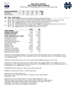 Box Score (Final) 2017 Notre Dame Football #14 NC State Vs #9 Notre Dame (Oct 28, 2017 at Notre Dame, IN)