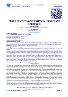 CLOUD COMPUTING SECURITY CHALLENGES and SOLUTIONS Shivam Sharma, Research Scholar/ Career Point University, Kota, India