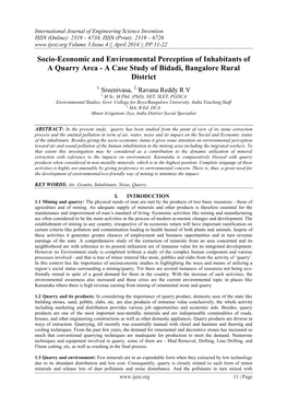Socio-Economic and Environmental Perception of Inhabitants of a Quarry Area - a Case Study of Bidadi, Bangalore Rural District