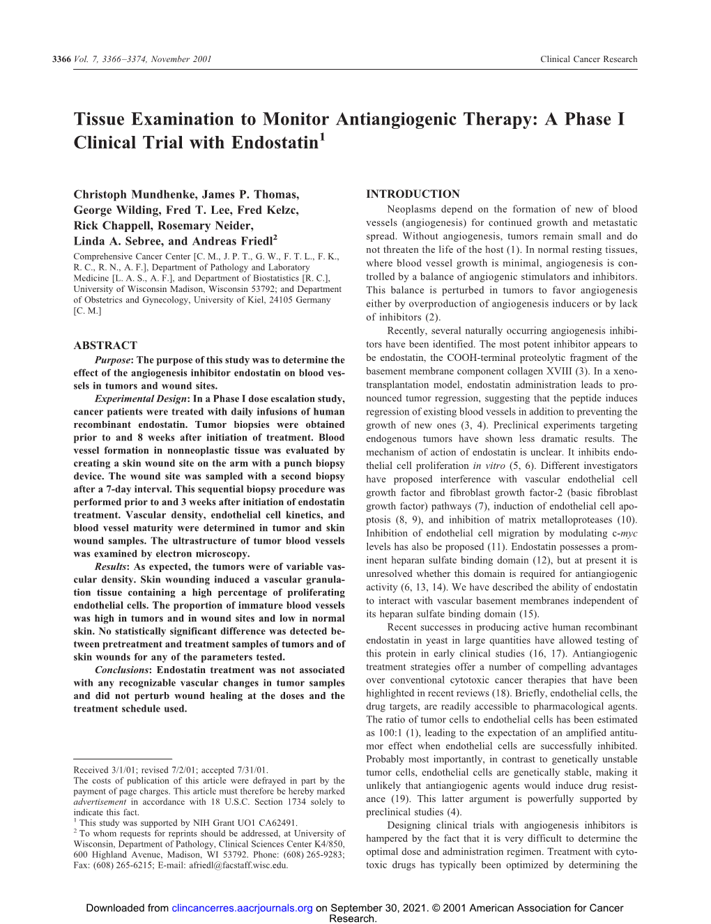 Tissue Examination to Monitor Antiangiogenic Therapy: a Phase I Clinical Trial with Endostatin1