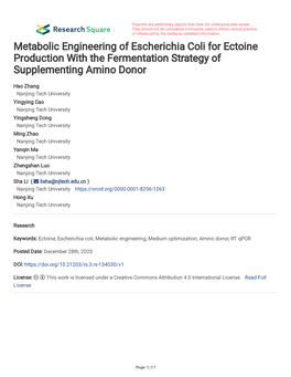 Metabolic Engineering of Escherichia Coli for Ectoine Production with the Fermentation Strategy of Supplementing Amino Donor