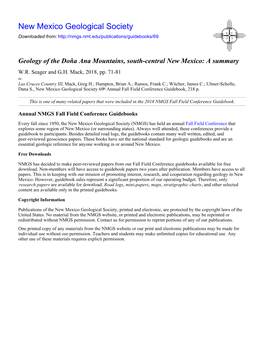 Geology of the Doña Ana Mountains, South-Central New Mexico: a Summary W.R