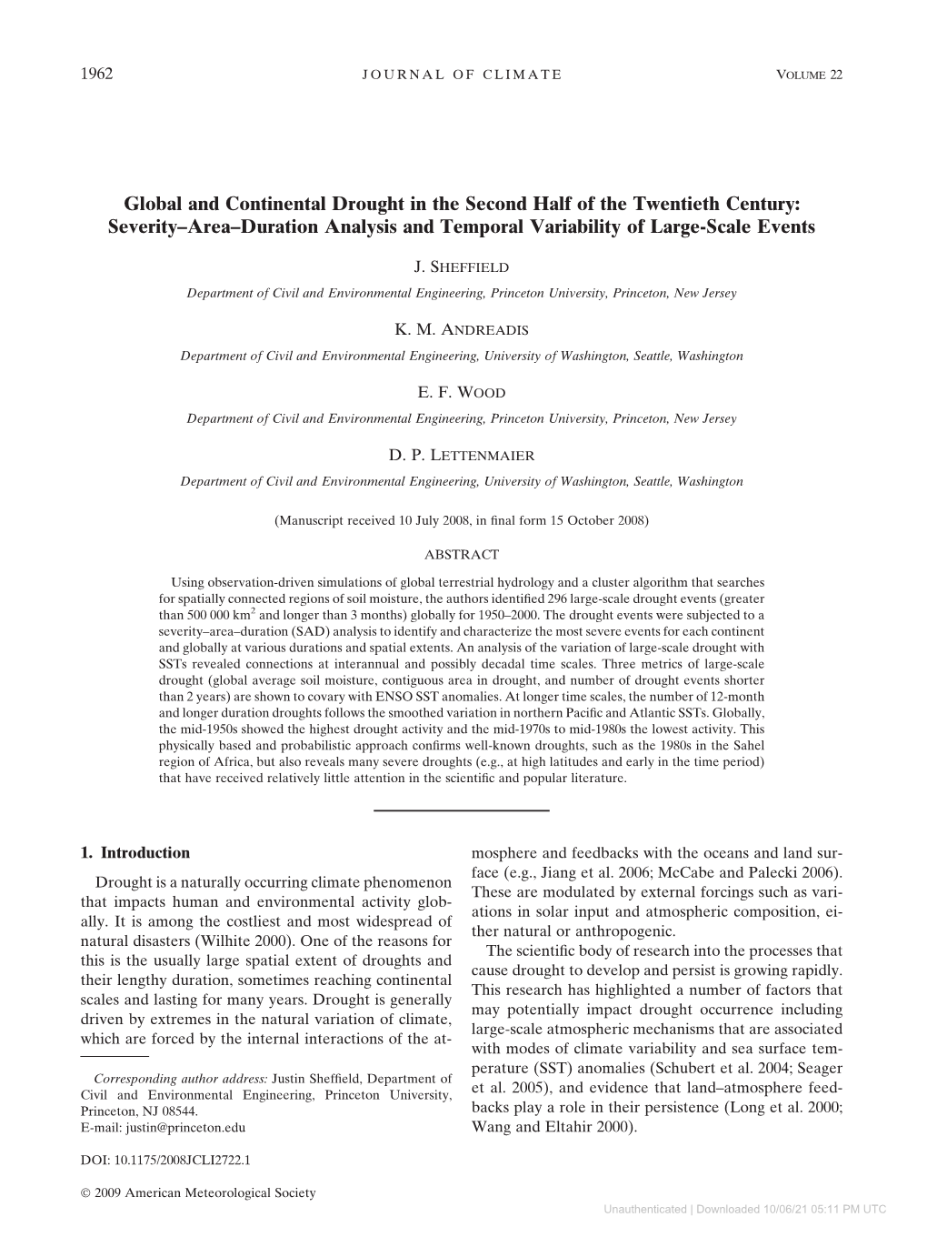 Global and Continental Drought in the Second Half of the Twentieth Century: Severity–Area–Duration Analysis and Temporal Variability of Large-Scale Events