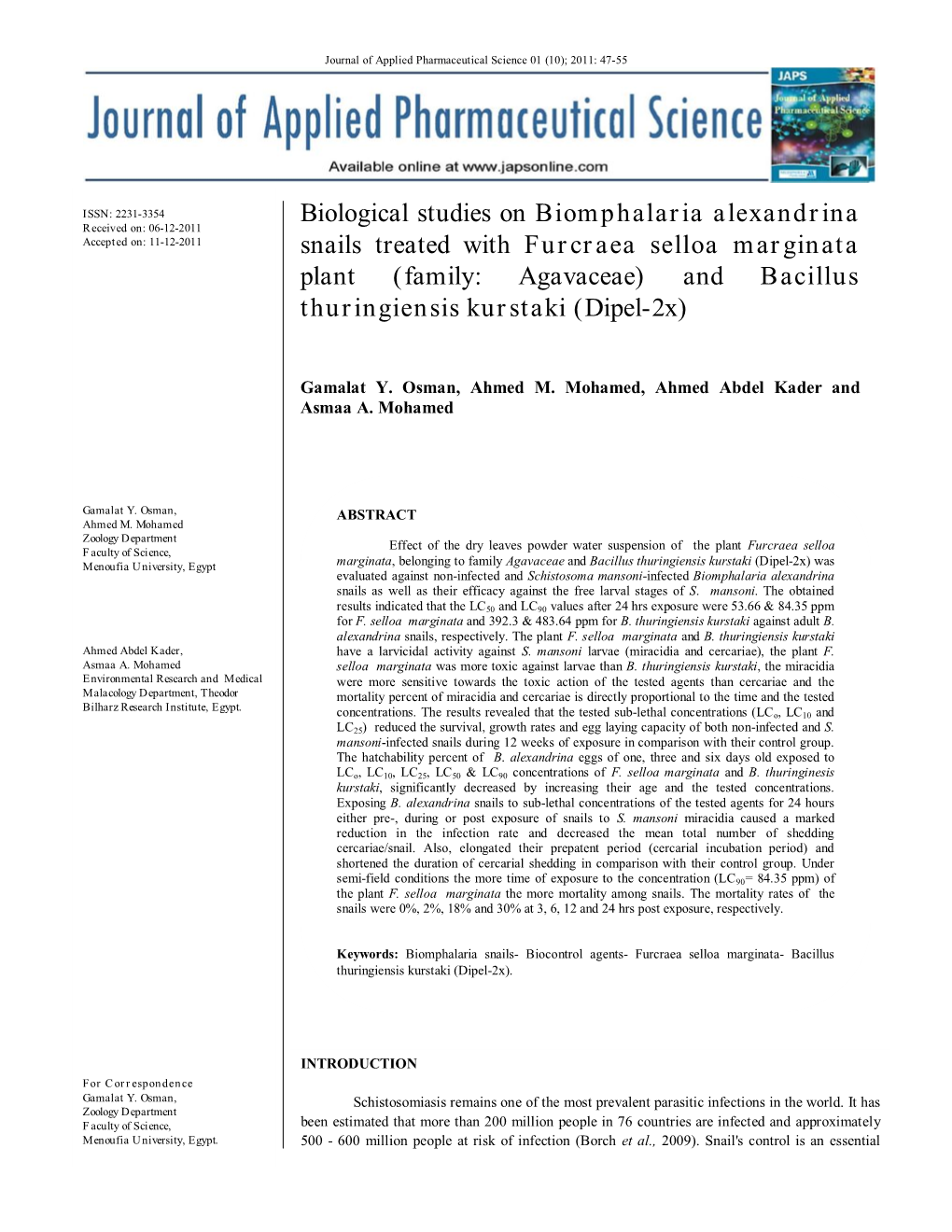 Biological Studies on Biomphalaria Alexandrina Snails Treated With