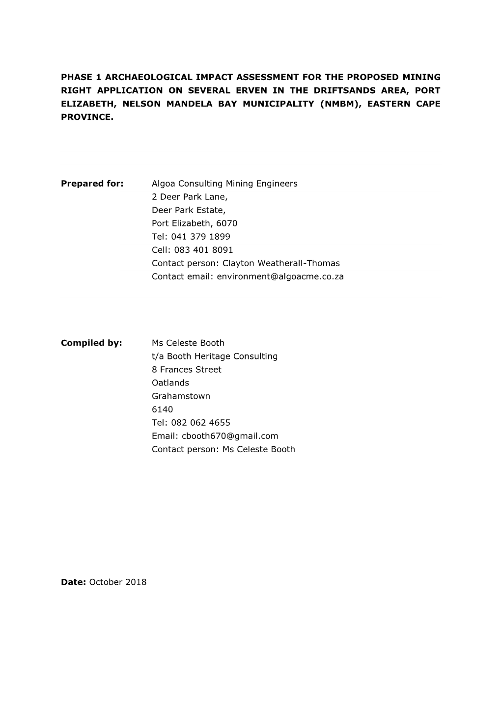 Phase 1 Archaeological Impact Assessment for the Proposed Mining