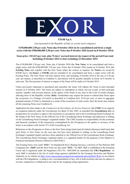 EXOR S.P.A. (Incorporated in the Republic of Italy As a Joint Stock Company) €150,000,000 2.50 Per Cent