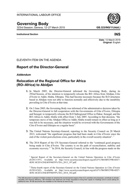 Report of the Director-General, Addendum, Relocation of the Regional Office for Africa (RO–Africa) to Abidjan