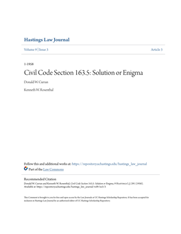 Civil Code Section 163.5: Solution Or Enigma Donald W