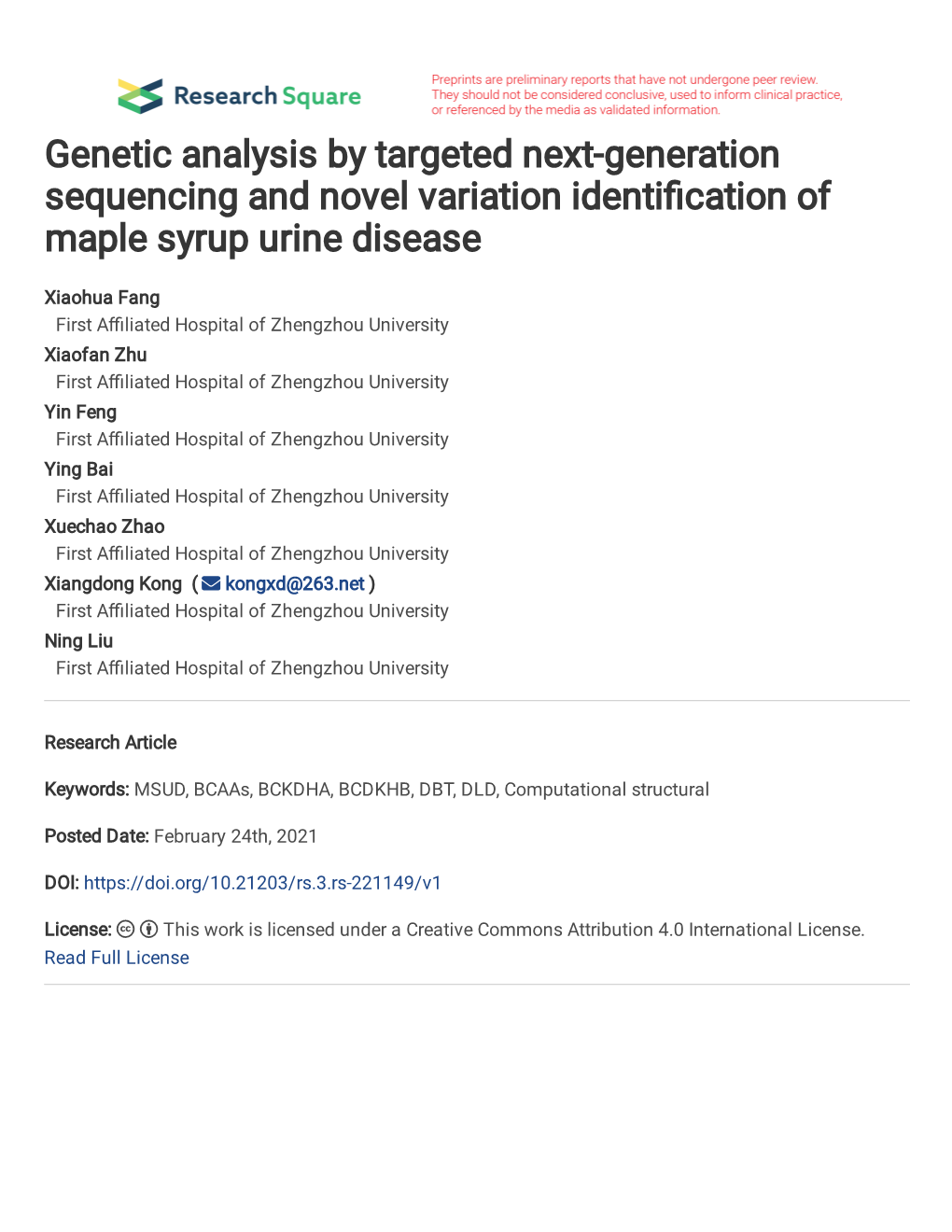 Genetic Analysis by Targeted Next-Generation Sequencing and Novel Variation Identi�Cation of Maple Syrup Urine Disease