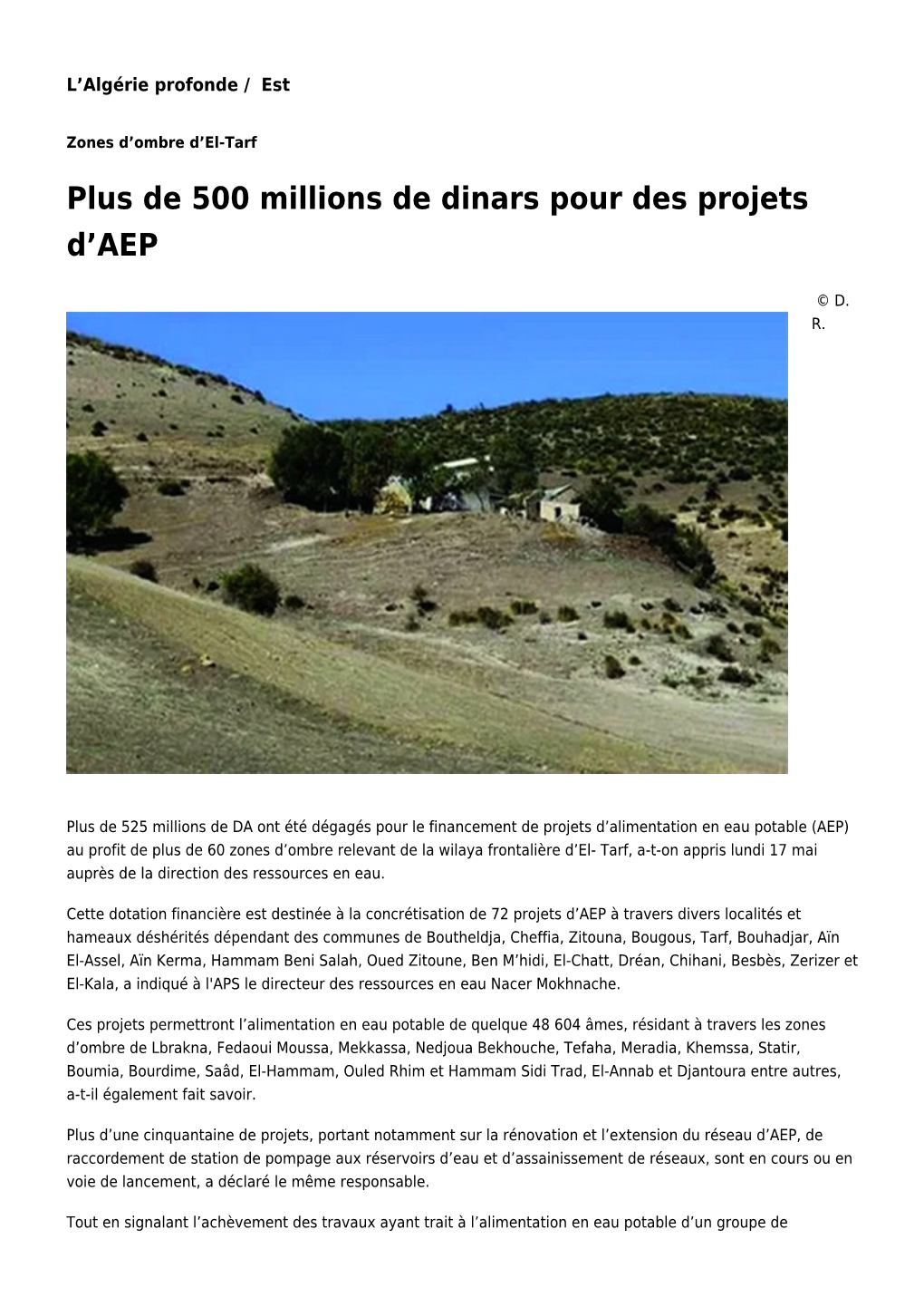 De 500 Millions De Dinars Pour Des Projets D'aep