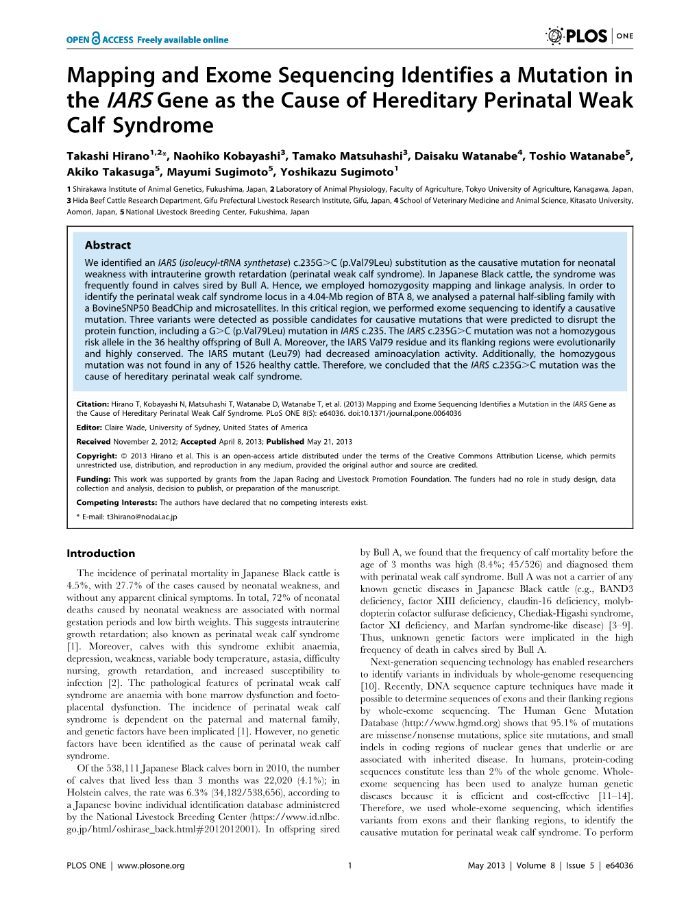 Mapping and Exome Sequencing Identifies a Mutation in the IARS Gene As the Cause of Hereditary Perinatal Weak Calf Syndrome
