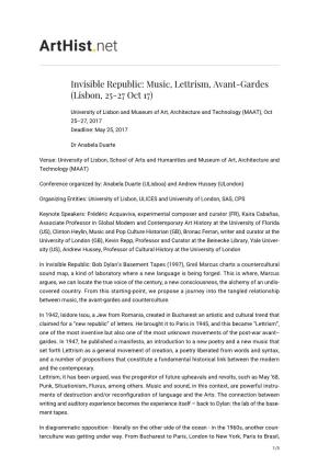 Invisible Republic: Music, Lettrism, Avant-Gardes (Lisbon, 25-27 Oct 17)
