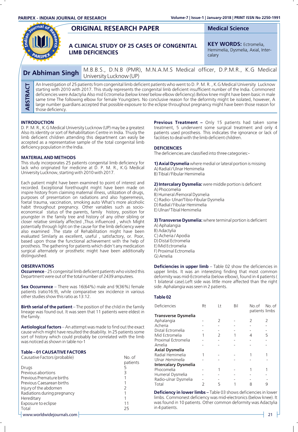 A CLINICAL STUDY of 25 CASES of CONGENITAL KEY WORDS: Ectromelia, Hemimelia, Dysmelia, Axial, Inter- LIMB DEFICIENCIES Calary