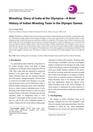 Wrestling: Glory of India at the Olympics—A Brief History of Indian Wresting Team in the Olympic Games