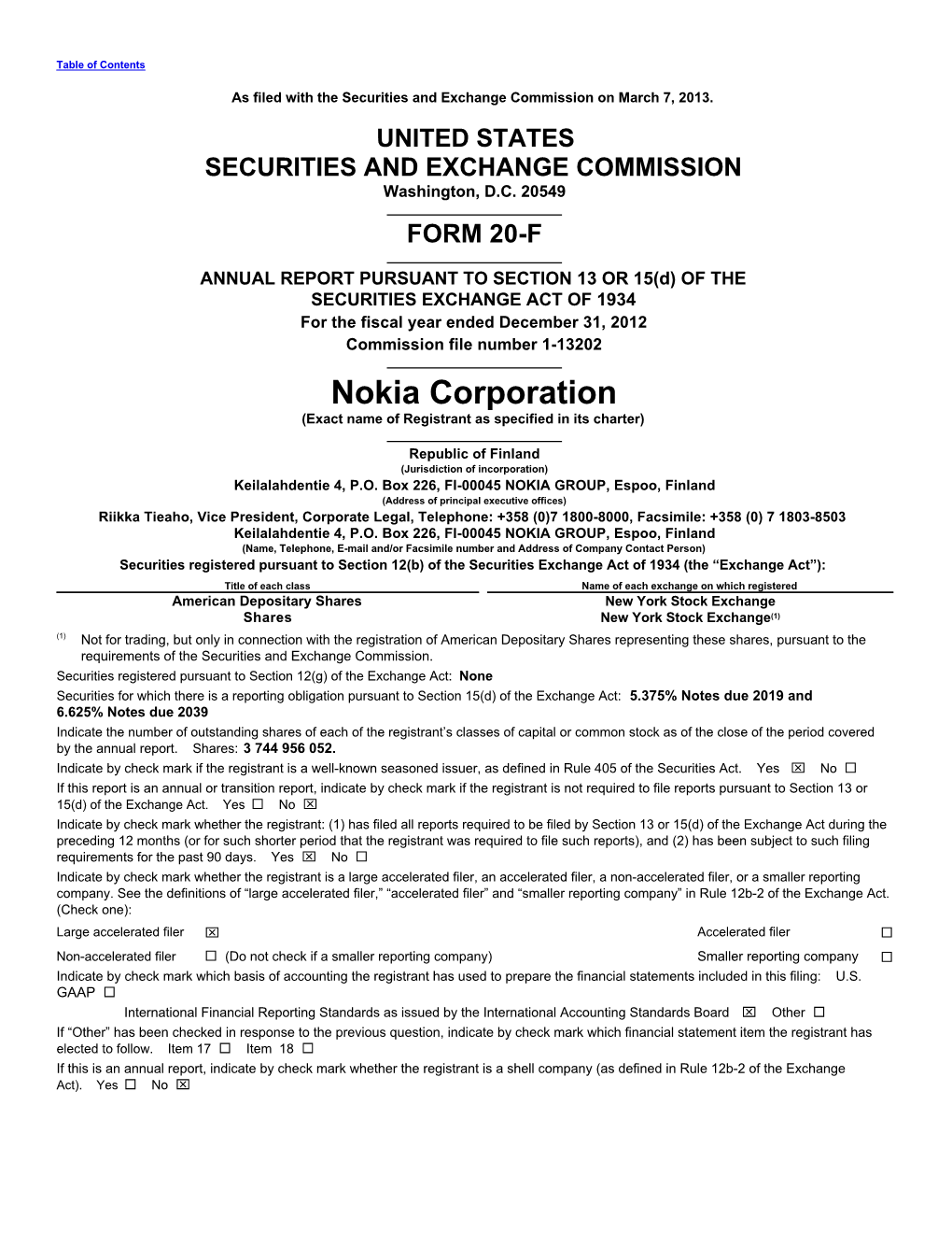 Nokia Corporation (Exact Name of Registrant As Specified in Its Charter)