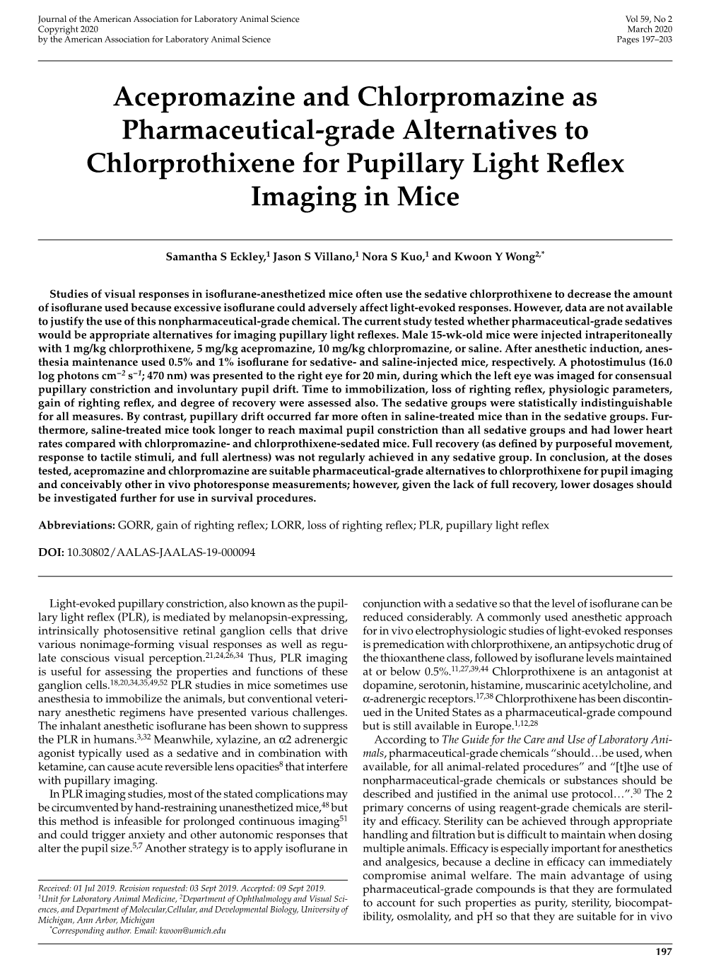 Acepromazine and Chlorpromazine As Pharmaceutical-Grade Alternatives to Chlorprothixene for Pupillary Light Reflex Imaging in Mice